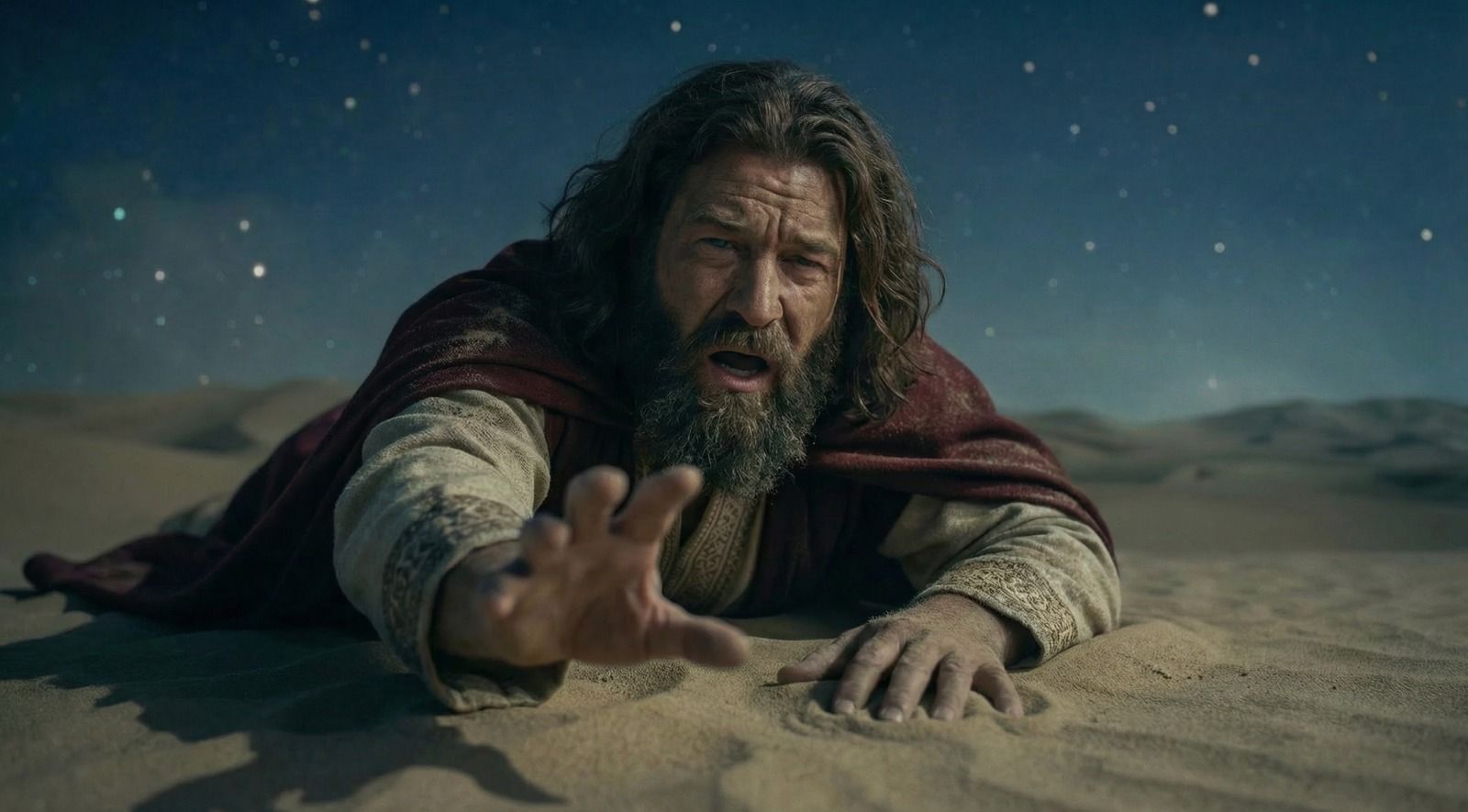 Gaspar exhausto arrastrándose por el desierto sin energía