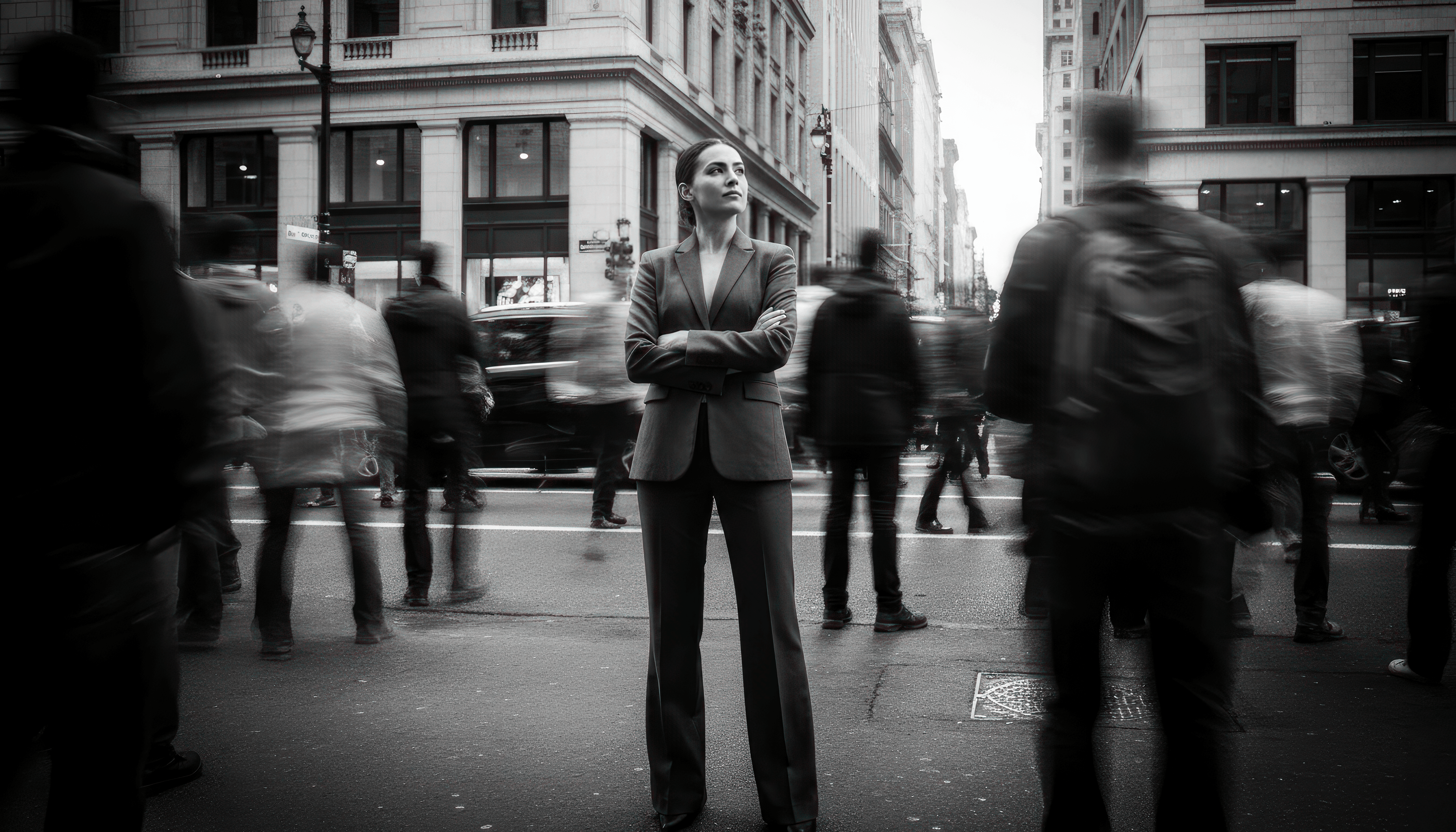Una mujer observa en paz cómo el mundo se acelera a su alrededor.